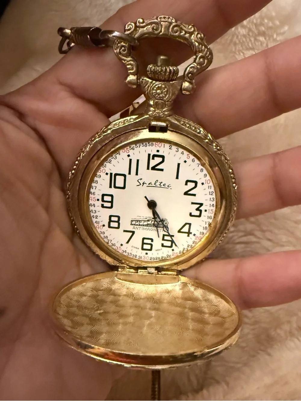 Source Unknown Gold-Tone Train Engraved Pocket Watch with Chain